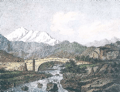 Illustration : Vue du pont d'Ucciani et du Monte d'Oro, Godefroy Engelmann, d'après un dessin de Joly Delavaubignon, Paris, 1821-1822, lithographie, Beaux Arts magazine, Musée de la corse, Corte, juin 1997.