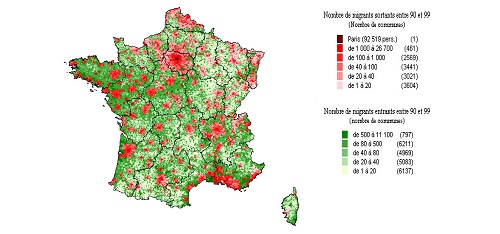 Carte 1 : Mobilités des pôles urbains vers l’espace à dominante rurale entre 1990 et 1999. Source : INSEE (fichier mobilité résidentielle 1990 ― 1999, Centre Quetelet).