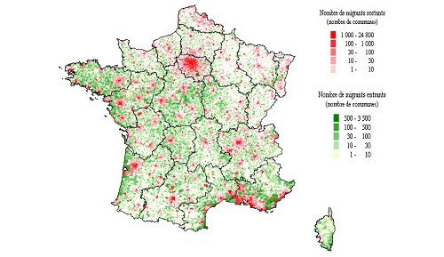 Carte 2 : Flux de migrations des zones urbaines vers les zones rurales entre 1990 et 1999 des retraités. Source : Ign 99, Insee (fichier mobilité résidentielle 1990 ― 1999 ― Centre Quetelet).