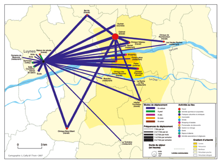 Carte 1 : Une mobilité intense, des lieux de vie éclatés, une structure rhizomique. L’exemple de Pascal (cardiologue, 33 ans). Source : enquête L. Cailly.