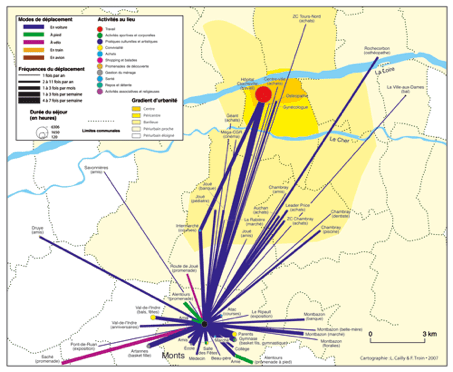 Carte 2 : Un espace de vie polycentrique et sectorisé. L’exemple de Valérie (aide-soignante, 37 ans). Source : enquête L. Cailly.