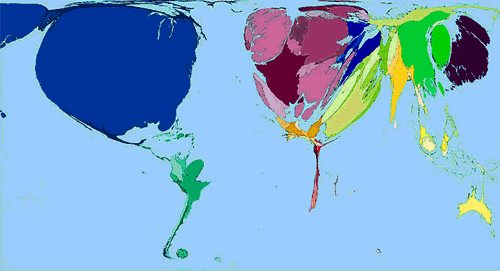 Carte 1 : Exemple d’anamorphose in Worldmapper. The World as You’ve Never Seen It Before (11.4.2009). La taille des pays est fonction de l’importance des dépenses militaires pour l’année 2002.