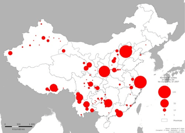 Carte 1 : fréquence des lieux cités comme siège des nuitées dans les catalogues 2007 des 17 tour-opérateurs présent sur le marché français.