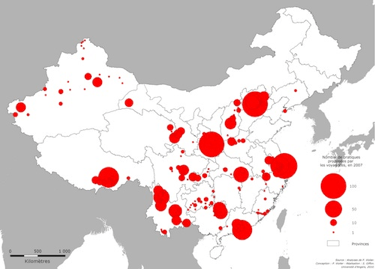 Carte 2 : fréquence des lieux cités comme siège des pratiques dans les catalogues 2007 des 17 tour-opérateurs présent sur le marché français.