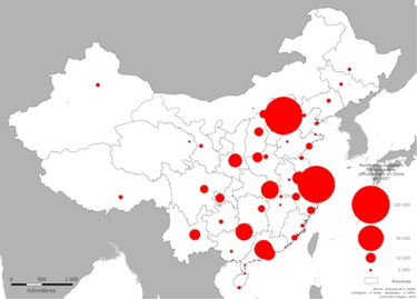 Carte 3 : nombre de touristes français recensés dans les hôtels des villes dites touristiques selon l’annuaire statistique et touristique du gouvernement chinois.