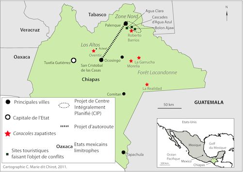 Principaux projets touristiques et conflits locaux dans l'Etat du Chiapas. Cartographie : C. Marie dit Chirot, 2011.