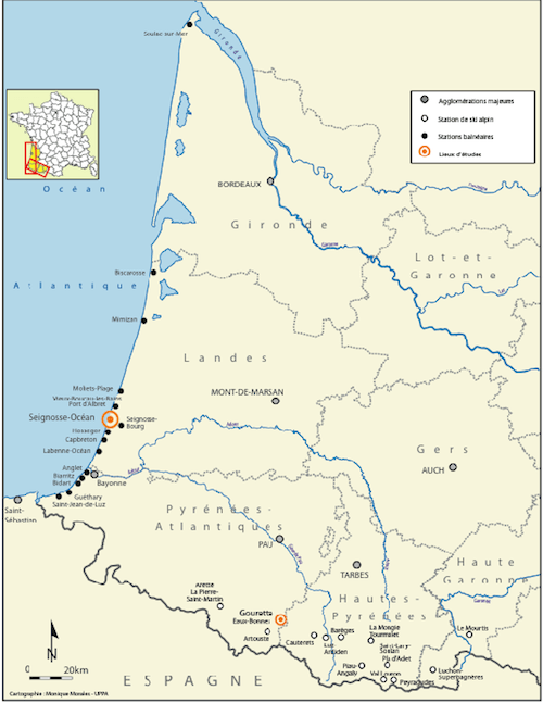 Les principales stations littorales et de montagne du Sud-ouest français (Cartographie : Monique Morales, Uppa).