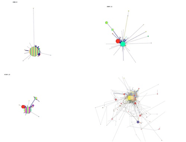 Figure 10 : Maps of individual neighbourhoods. Circles: location and duration of stays. Lines: duration of trips between circles. The fourth image right below is a superposition of several individual maps. Source: Jacques Lévy, 2008b.