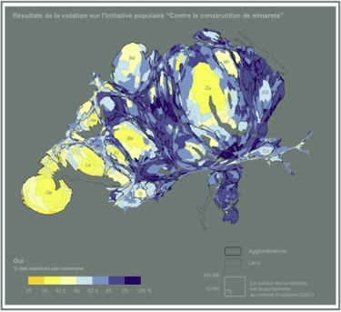 Figure 5 : A Cartogramme: Switzerland: Referendum on Minarets, 29 November 2009. Source: Elsa Chavinier et Jacques Lévy, 2009.