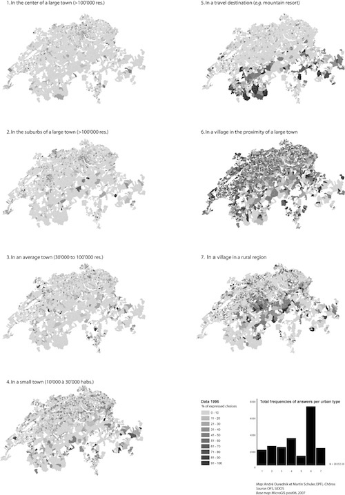 Figure 9: Where do Swiss young men want to live? Total (histogram) and spatially distributed frequency of answers in favor of each possible choice (Ourednki, Schuler, EPFL-Chôros).