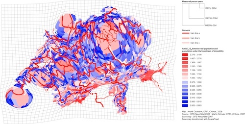 Figure 12: Total stay-time in the Swiss communes, with the superimposed railway network (Ourednik, EPFL-Chôros, 2008).