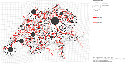 Figure 13: Total stay-time in the Swiss communes. Masses of stay-time and their mobility relations (Ourednik, EPFL-Chôros, 2008).