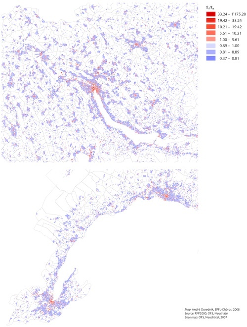 Figure 5: Ratio ΣT/ΣH between real and democratically measured population for the metropolitan regions of Zürich and Genève-Lausanne (Ourednik, EPFL-Chôros, 2008).