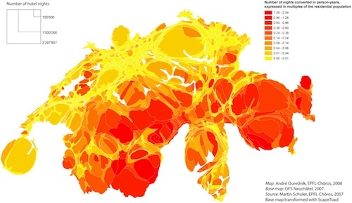 Figure 6: Hotel nights in the Swiss communes in 2000. Commune sizes show the total number of nights. In the shades of red is the proportion of the “imported” lived years by hotel visitors in comparison with those of the resident “autochthones” (Ourednik, EPFL-Chôros, 2008).