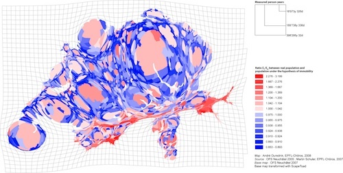 Figure 8: Total stay-times in the Swiss communes and the ratio ΣT/ΣH between these and the residential population count. Residents, workers, students, tourists and trans-border commuters in the year 2000 combined (Ourednik, EPFL-Chôros, 2008).