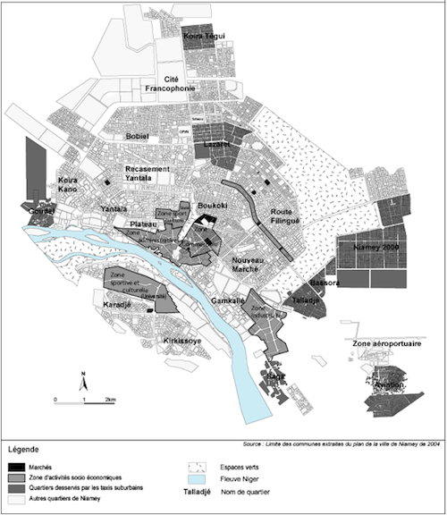 Quartiers desservis par les taxis suburbains dans la ville de Niamey (source : Hadiara Yayé Saidou, 2010).