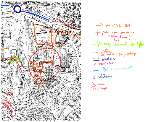 Les ateliers de « diagnostic participatif » (2) — Extrait d’une carte coproduite par l’association Arènes et les habitants du quartier sur les enjeux de la circulation dans le quartier de Malpassé à Marseille.