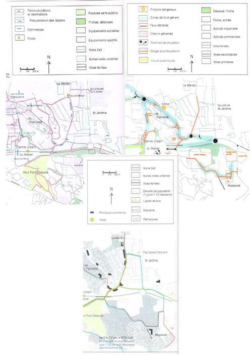 Les ateliers de « diagnostic participatif » (3) — Extrait des trois cartes conçues par l’association Arènes suite au travail réalisé en atelier avec les habitants sur les enjeux liés à la circulation. Ce sont ces cartes qui figurent dans le document final adressé aux élus.