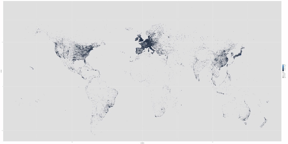 Map 1 : The world according to TripAdvisor. A map of sites referenced by TripAdvisor in April 2014 ; only those sites containing GPS coordinates are drawn. Source : Gaël Chareyron, Saskia Cousin, Jérôme Da Rugna and Sébastien Jacquot, 2014.