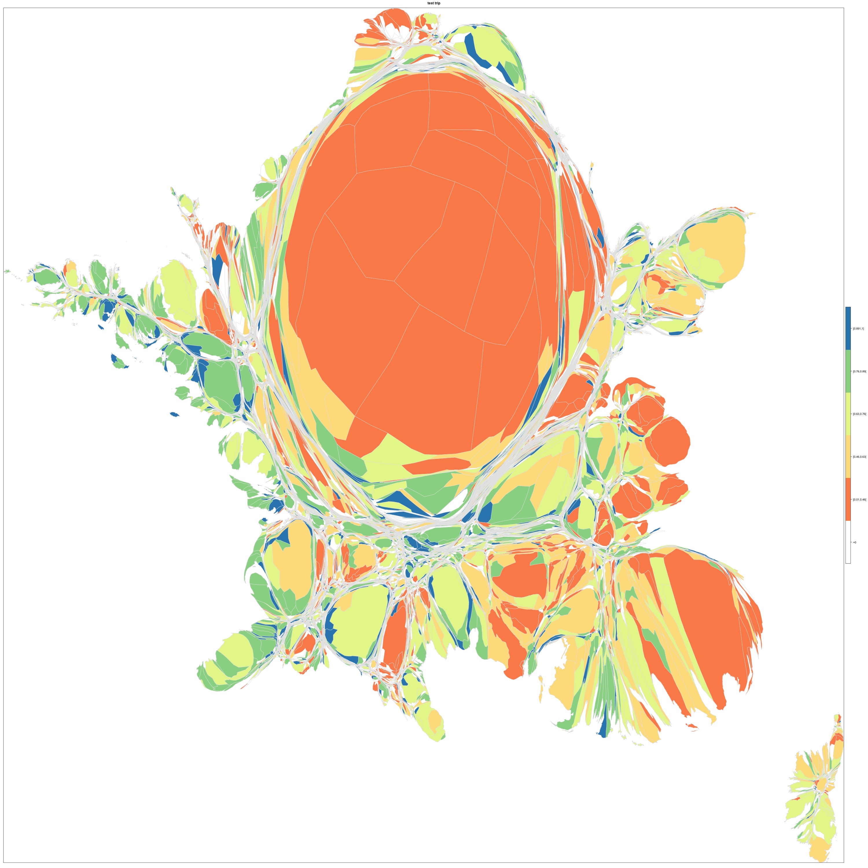 Map 2 : French anamorphoses. Map of French communes coloured according to the percentage of comments posted by French nationals. The categories rely on quartile calculations. The anamorphosis has been achieved using the program ScapeToad based on the number of comments per commune. Communes with less than 10 comments where the originating source is included are not represented. N.B. In the instance of chloropleths, Paris, Lyon, and Marseille are divided by arrondissement. Source : Gaël Chareyron, Saskia Cousin, Jérôme Da Rugna and Sébastien Jacquot, 2014.