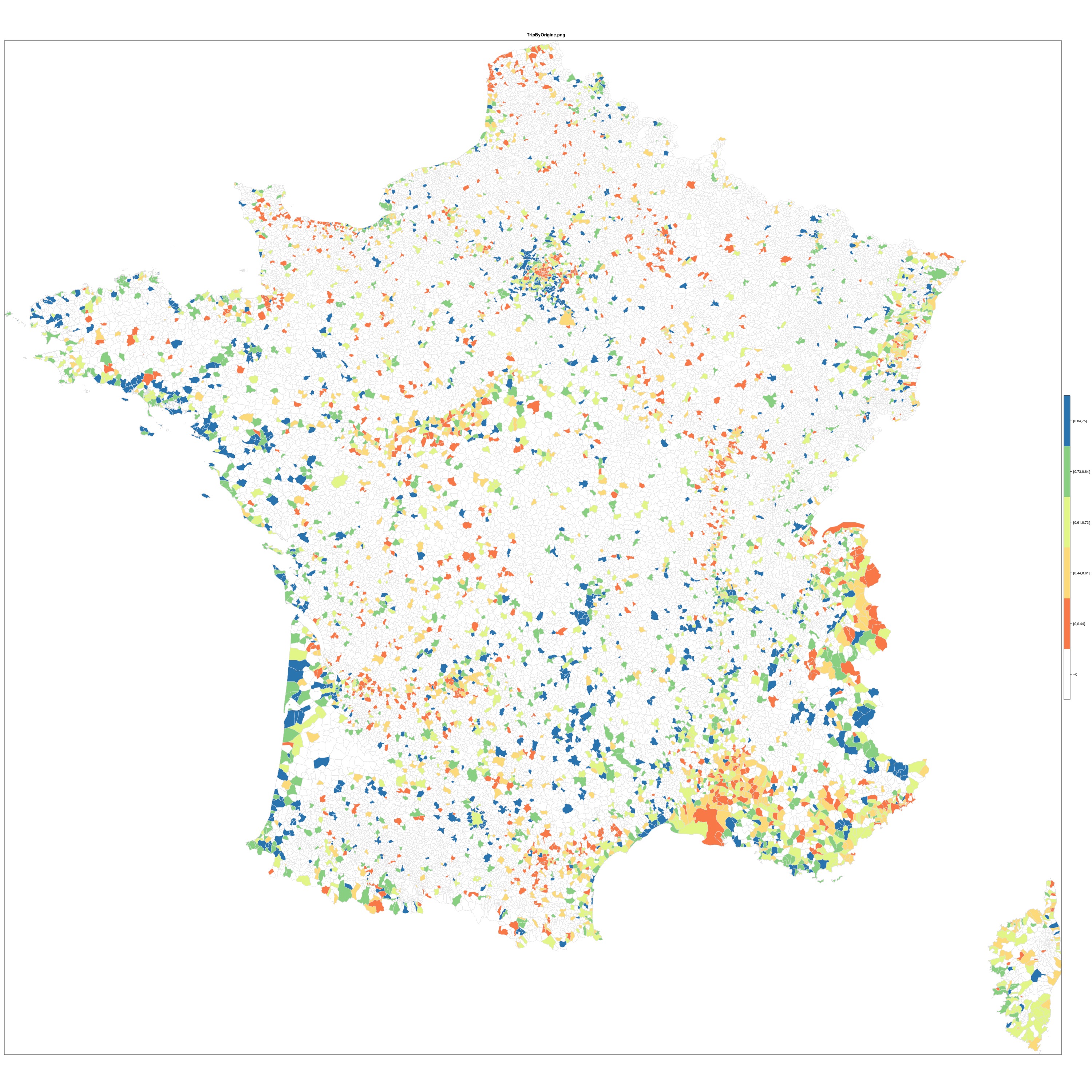 Map 3 : Communes through the prism of the reviewer’s origins. A map of French communes coloured according to the percentage of comments posted by French citizens (TripAdvisor). The categories rely on quartile calculations. Communes with less than 10 comments where the originating source is included are not represented. Source : Gaël Chareyron, Saskia Cousin, Jérôme Da Rugna and Sébastien Jacquot, 2014.