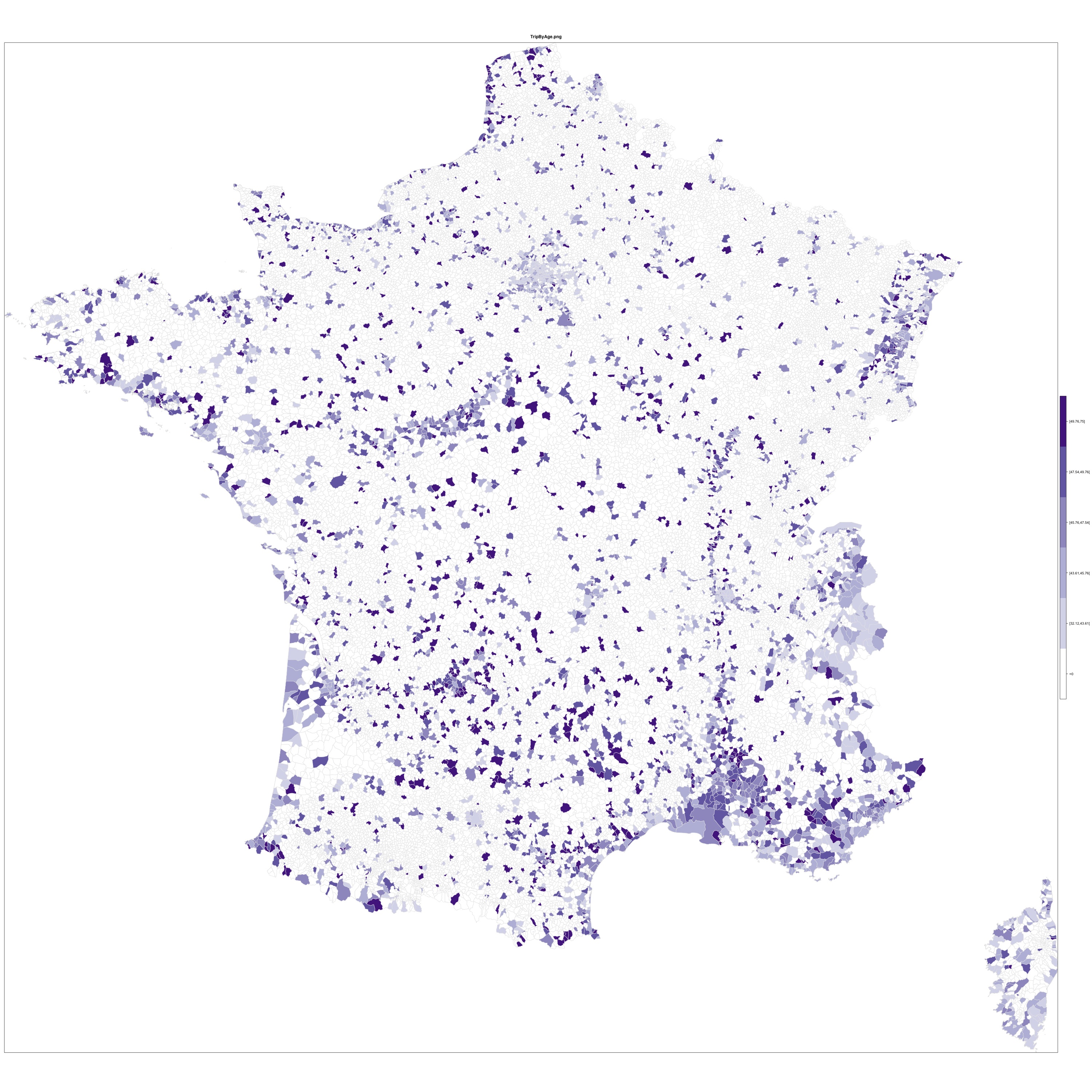 Map 4 : The age of reviewers. A map of French communes coloured according to the average age of tripadvisers. The categories rely on quartile calculations. Communes with less than 10 comments where the age is included are not represented. Source : Gaël Chareyron, Saskia Cousin, Jérôme Da Rugna and Sébastien Jacquot, 2014.