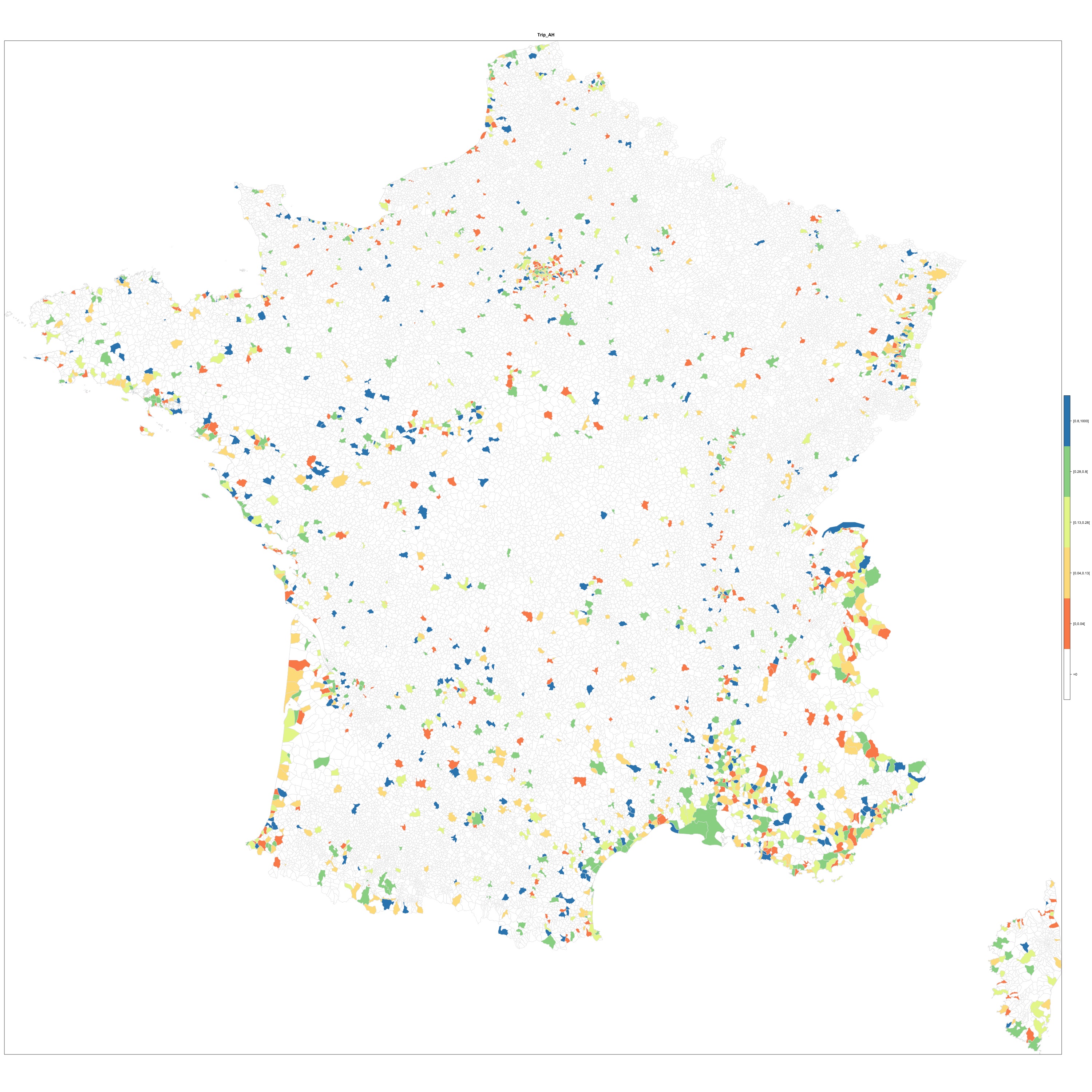 Map 5 : Relations between touristic services. A map of French communes coloured according to the ratio between the number of reviews of attractions/the number of reviews of hotels. Communes with less than 10 reviews on hotels and 10 reviews on attractions are not represented. Source : Gaël Chareyron, Saskia Cousin, Jérôme Da Rugna and Sébastien Jacquot, 2014.