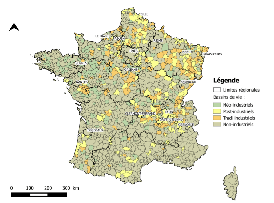 Évolution de la localisation des territoires les plus industriels (1975 et 2011). Source : élaboration des auteurs, d'après INSEE, RGP 1975, 2011 – IGN 2014.